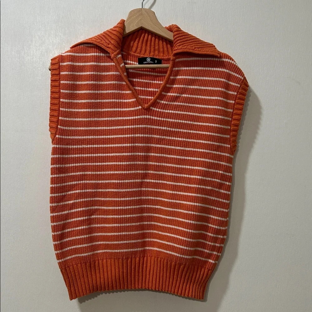 LILLUSORY WOMENS ORANGE WHITE STRIPED V NECK SWEATER VEST Sz MD - Picture 1 of 9